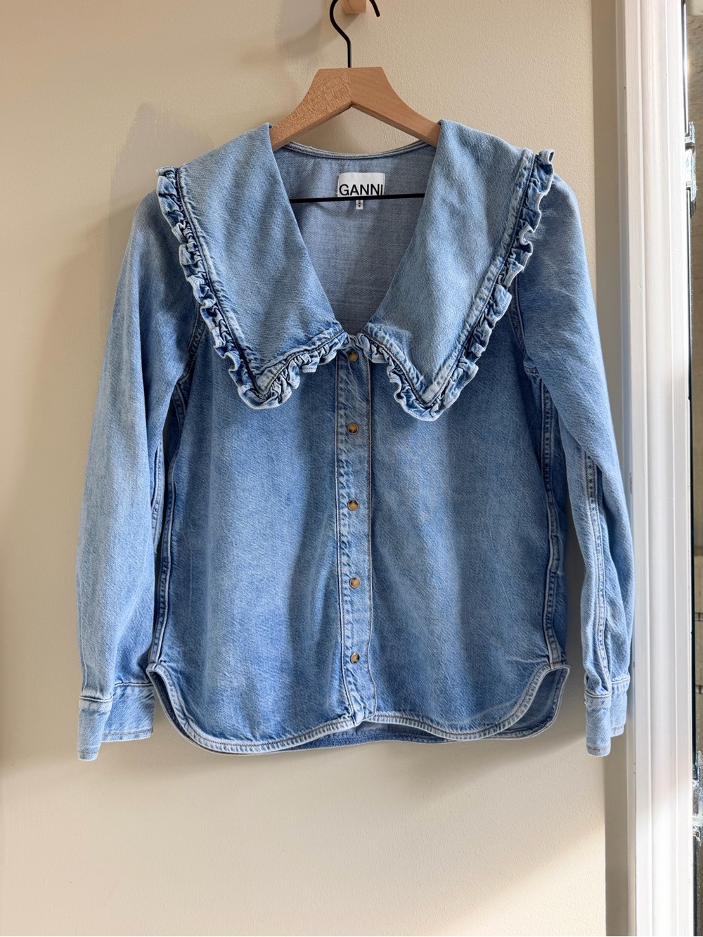 GANNI ruffled-collar denim shirt light blue $325 size 34